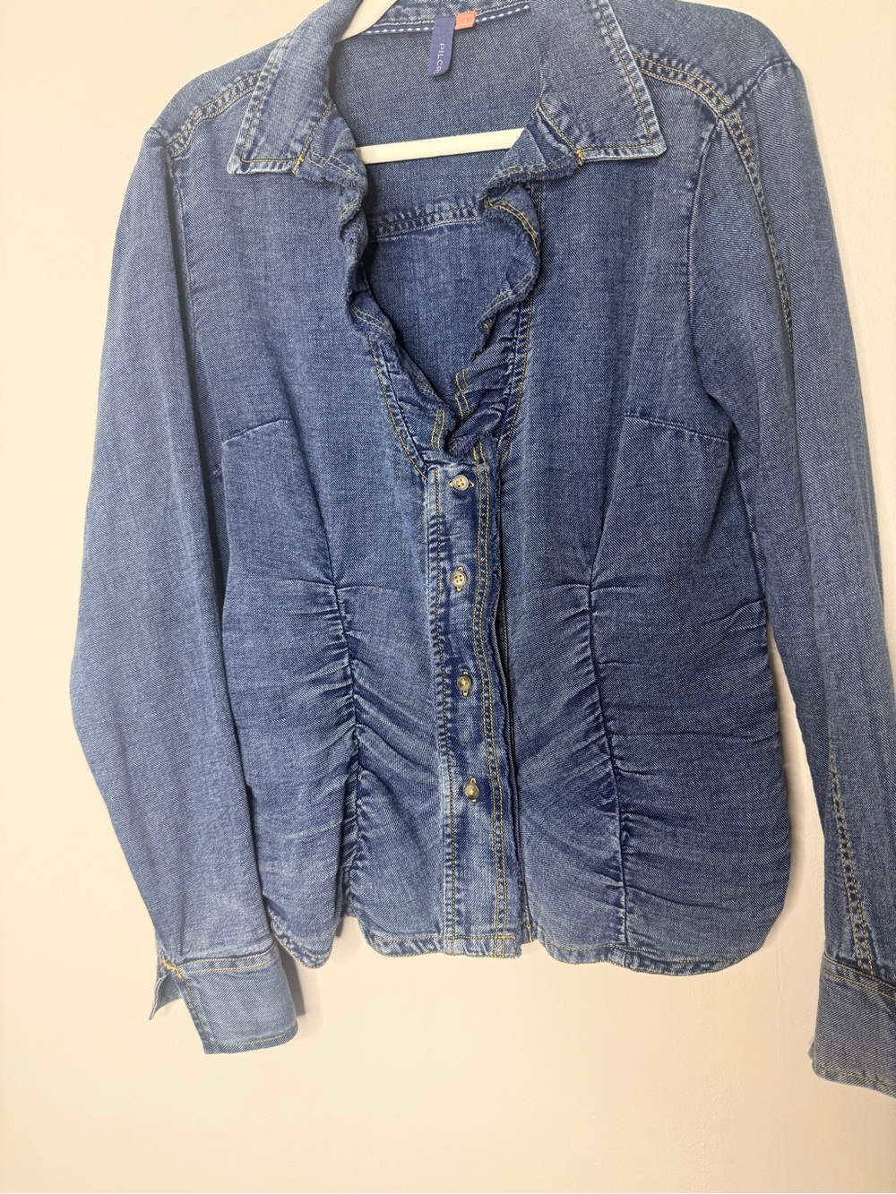 Pilcro Denim Ruffle-Front Button Shirt - Blue
